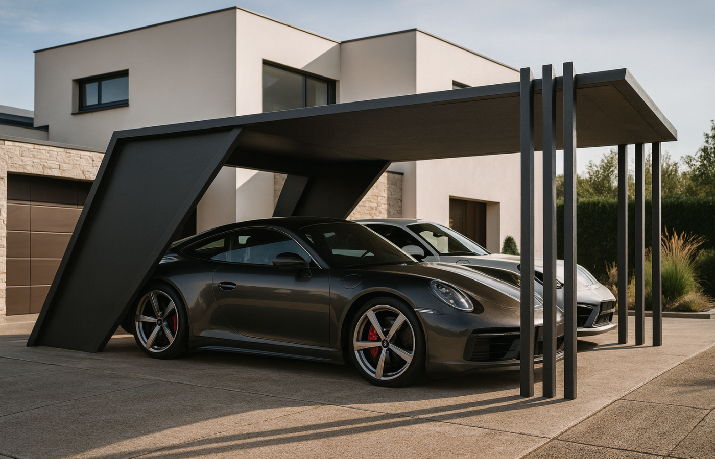 Carport métallique noir, biseauté, contemporain